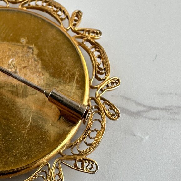 Vintage Filigree Damascene Guilloche Rose Brooch With Yellow & Red Floral Design - Picture 6 of 10